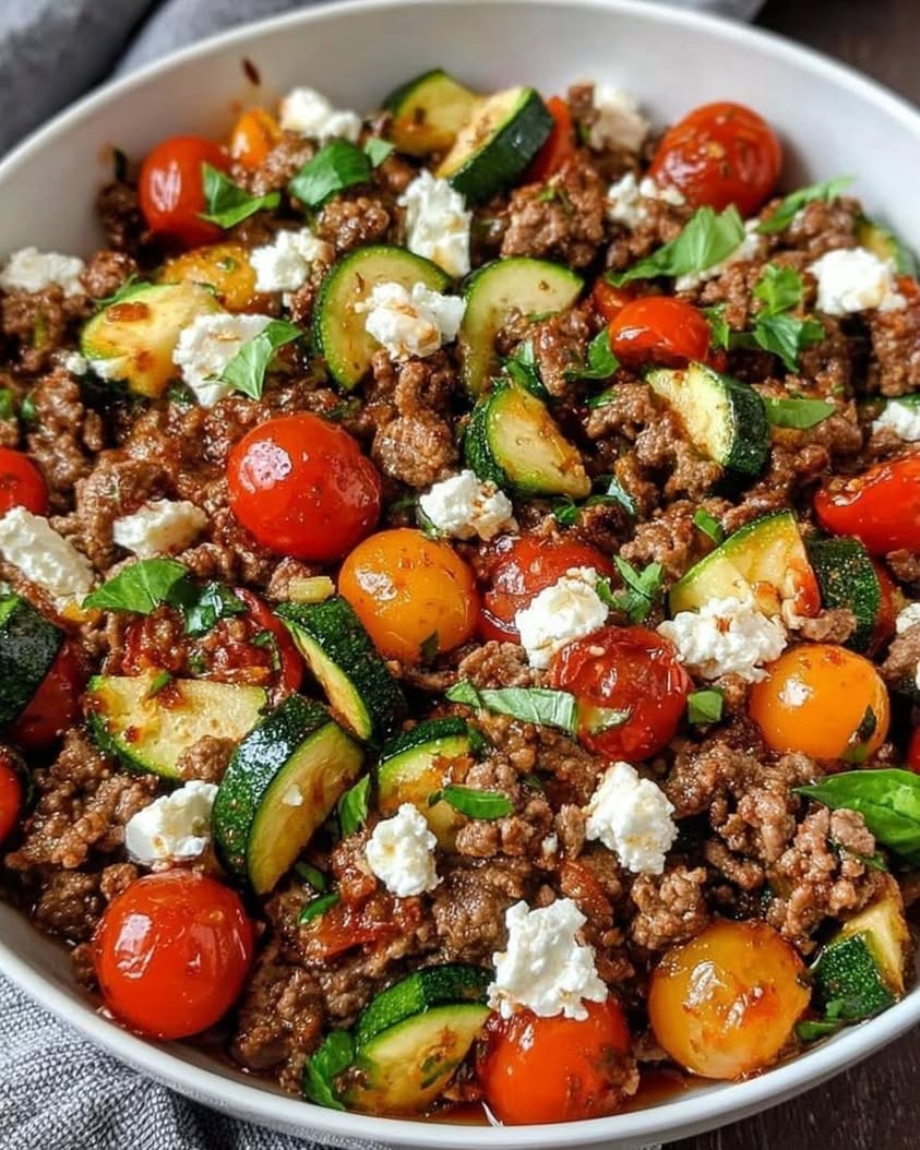 Vibrant Mediterranean Beef Stir Fry with Feta Zucchini Cherry Tomatoes