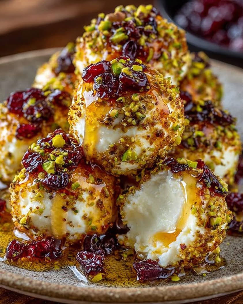Warm Cranberry Pistachio Goat Cheese Truffles with Hot Honey Recipe