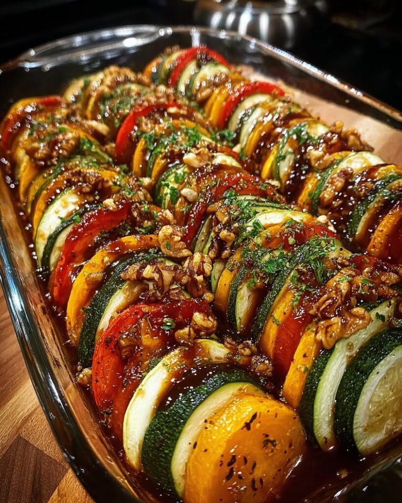 Zucchini Butternut Squash Sweet Potato Gratin with Ricotta Walnuts Pomegranate Molasses Glaze