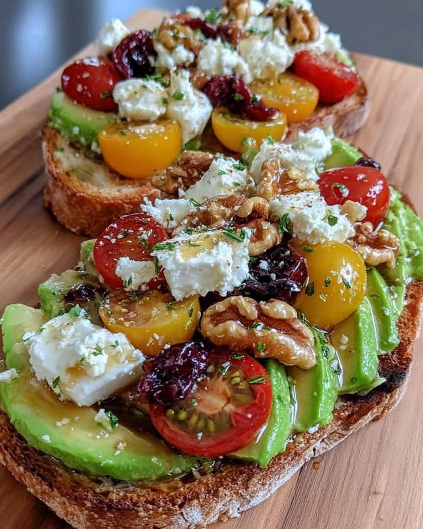 Avocado Toast with Feta Cherry Tomatoes Cranberries and Walnuts