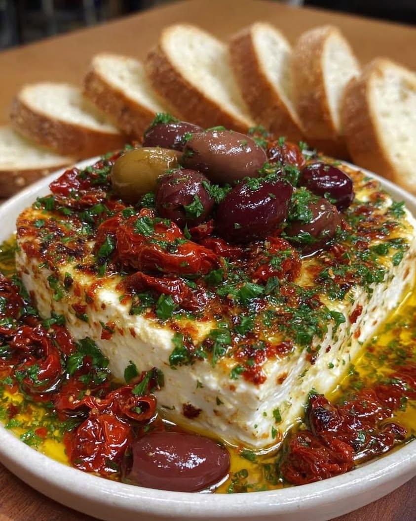 Baked Feta with Olives Sun Dried Tomatoes