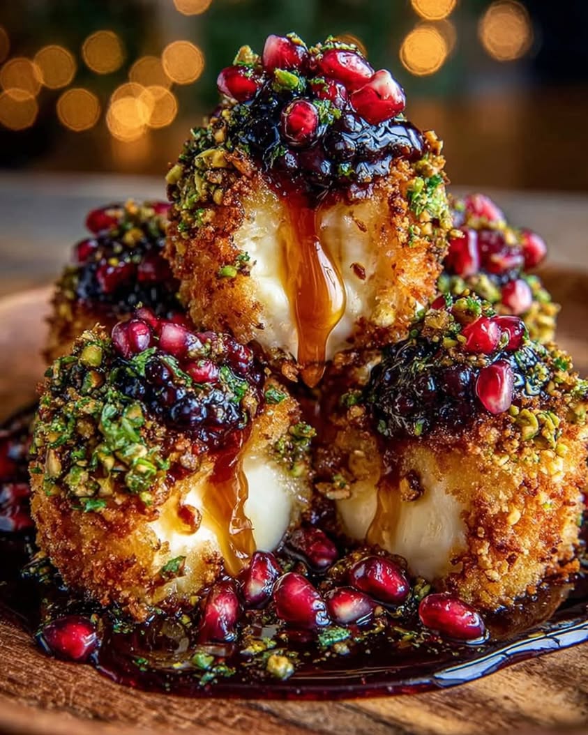 Blackberry Hot Honey Brie Bites with Crispy Pistachio Crust Pomegranate Crunch