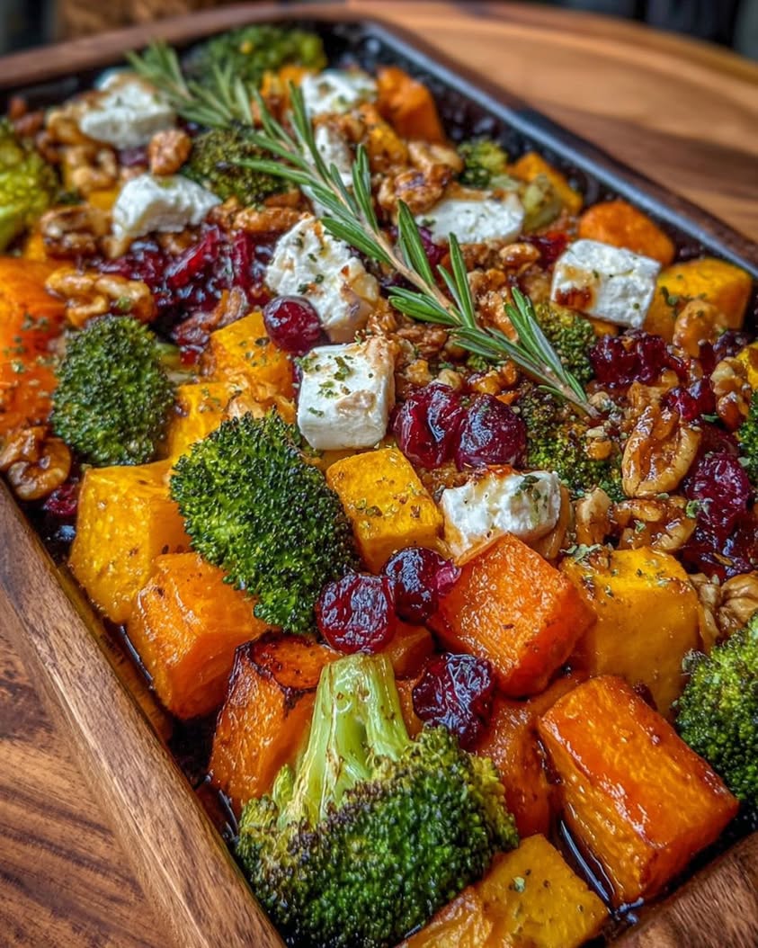 Caramelized Butternut Squash Carrots Broccoli Sweet Potato with Feta Walnuts Cranberry Honey Glaze 1