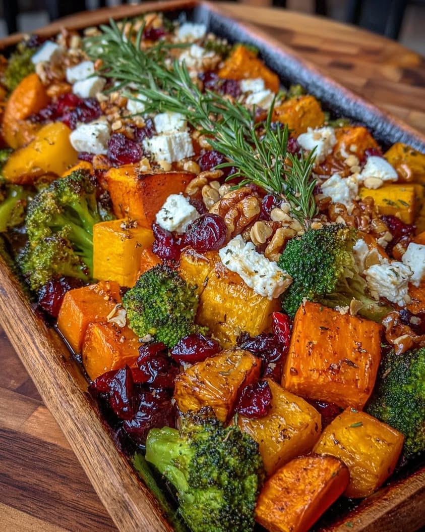 Caramelized Butternut Squash Carrots Broccoli Sweet Potato with Feta Walnuts Cranberry Honey Glaze