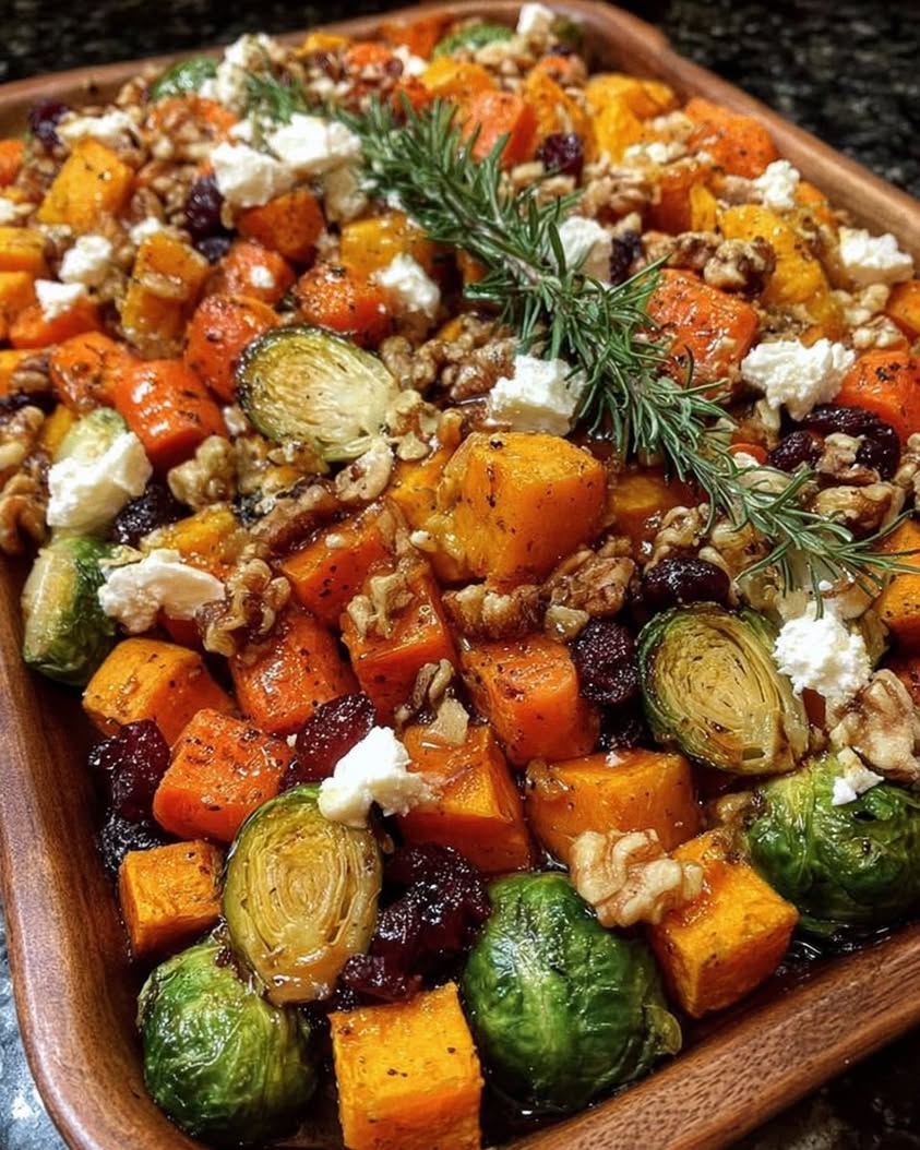 Caramelized Butternut Squash and Brussels Sprouts with Feta Walnuts Honey
