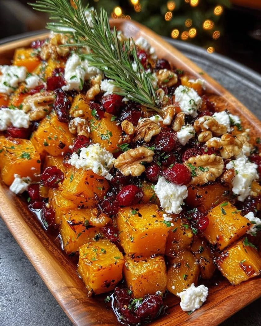 Caramelized Butternut Squash with Feta Walnuts Cranberry Honey Glaze