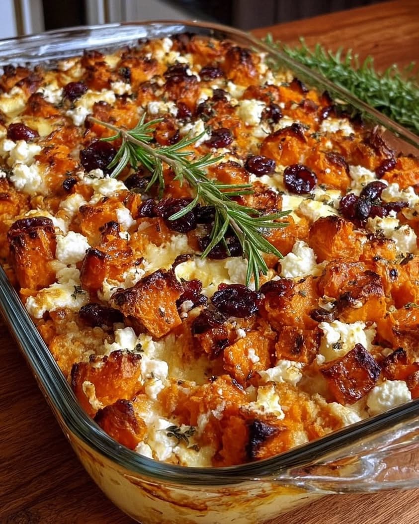 Carrot Pumpkin Sweet Potato Bake with Feta Almonds Maple Cranberry Drizzle
