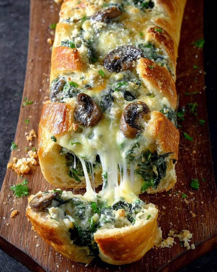 Cheesy Spinach Artichoke Mushroom Stuffed Baguette 1