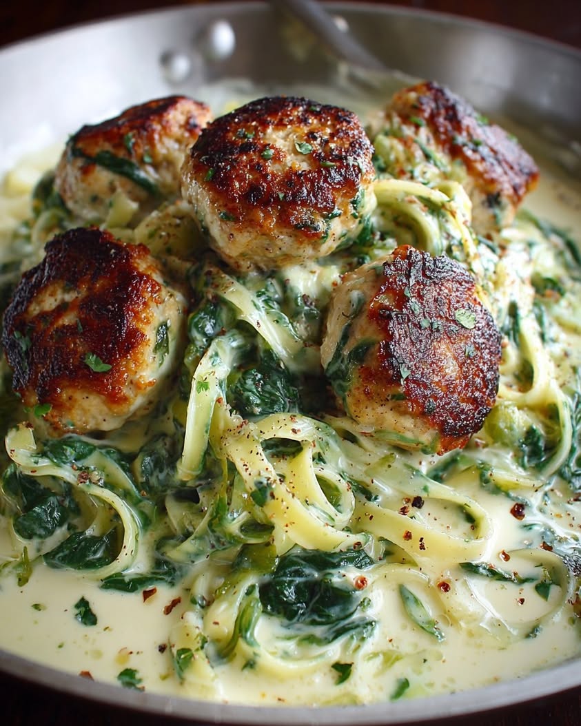 Juicy Chicken Ricotta Meatballs with Creamy Spinach Alfredo Sauce