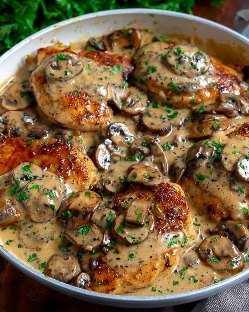 Chicken and Mushroom Skillet in a Creamy Asiago and Mustard Sauce