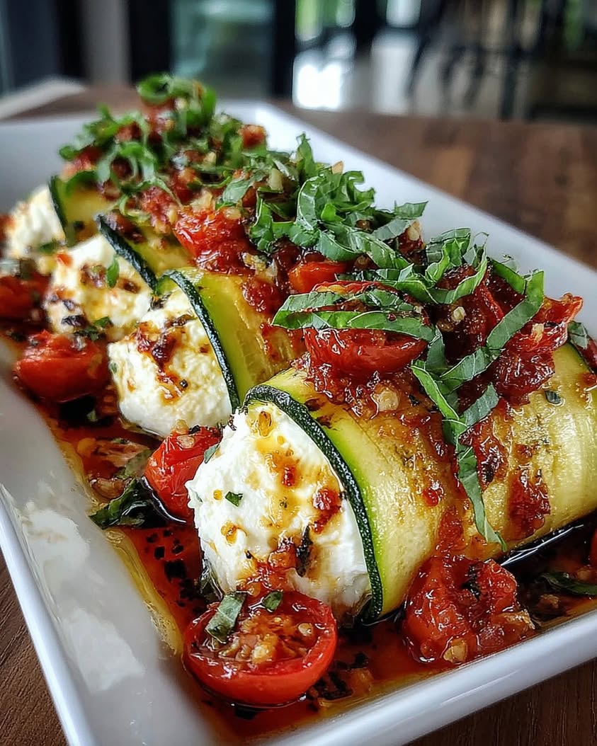 Creamy Burrata Stuffed Zucchini Rolls with Tomato Glaze