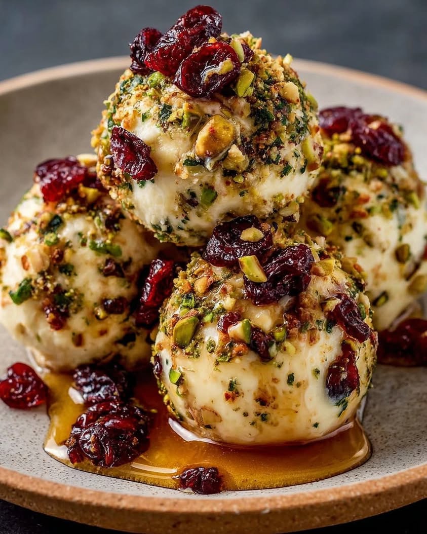 Creamy Cranberry Pistachio Cheese Balls with Honey