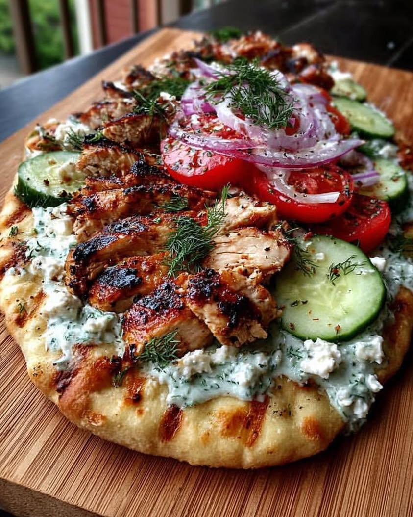 Creamy Greek Chicken Flatbread with Tzatziki Cucumbers Tomatoes Red Onion 1