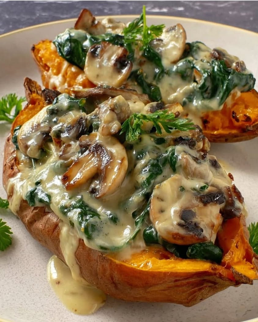 Creamy Mushroom Spinach Sweet Potato Boats 1