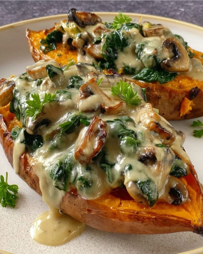 Creamy Mushroom Spinach Sweet Potato Boats 2