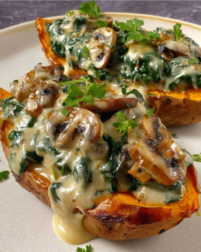 Creamy Mushroom Spinach Sweet Potato Boats 3