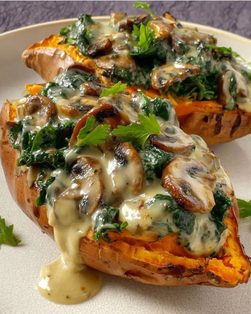 Creamy Mushroom Spinach Stuffed Sweet Potato Boats Recipe