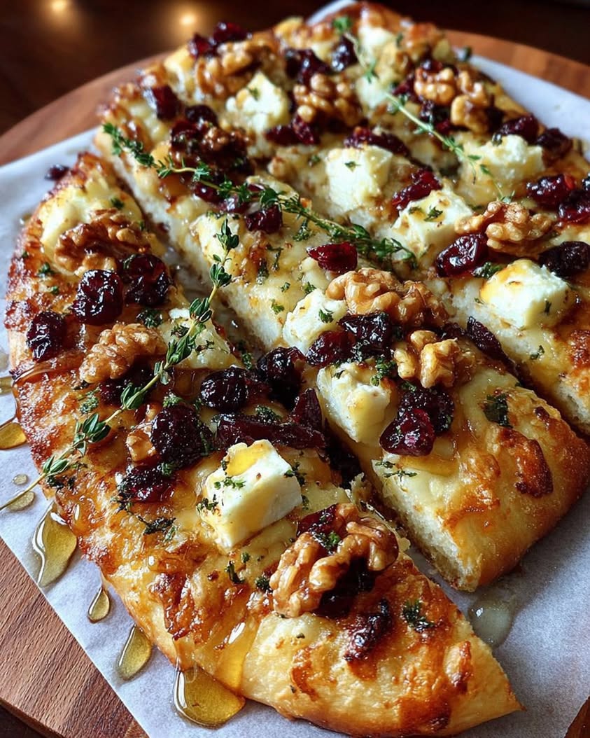 Crispy Flatbread with Brie Cranberries Toasted Walnuts with a Hot Honey Drizzle 1
