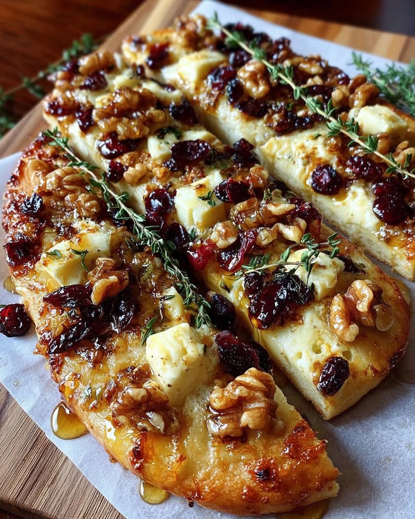 Crispy Flatbread with Brie, Cranberries, and Hot Honey Walnut Drizzle 10 Crispy Flatbread with Brie Cranberries Toasted Walnuts with a Hot Honey Drizzle