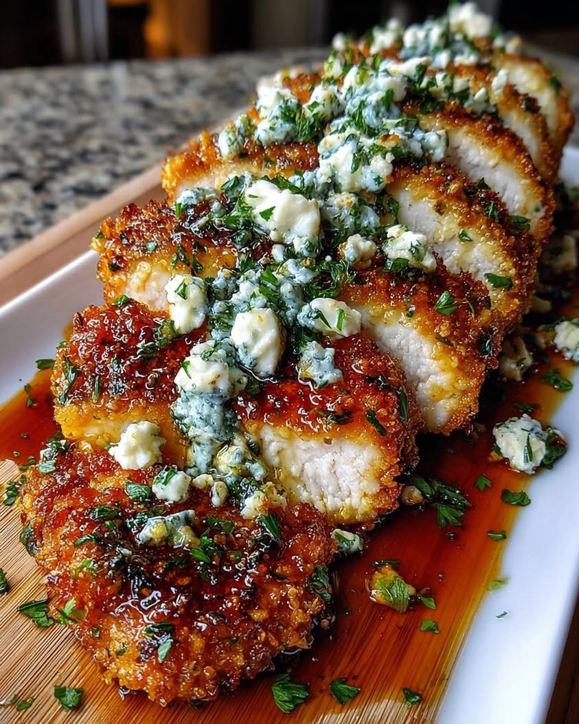 Crispy Hot Honey Lemon Feta Chicken Cutlets with Mediterranean Herb Crust Tzatziki Drizzle