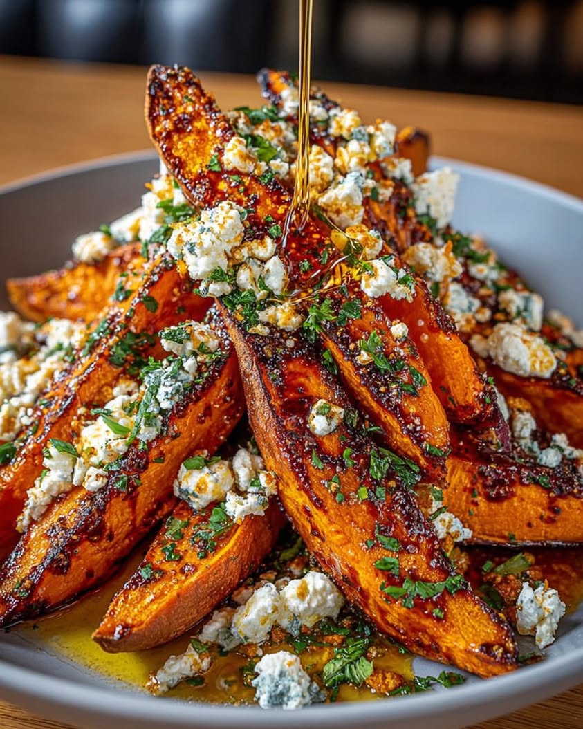 Crispy Roasted Sweet Potato Wedges with Feta and Hot Honey Drizzle 1