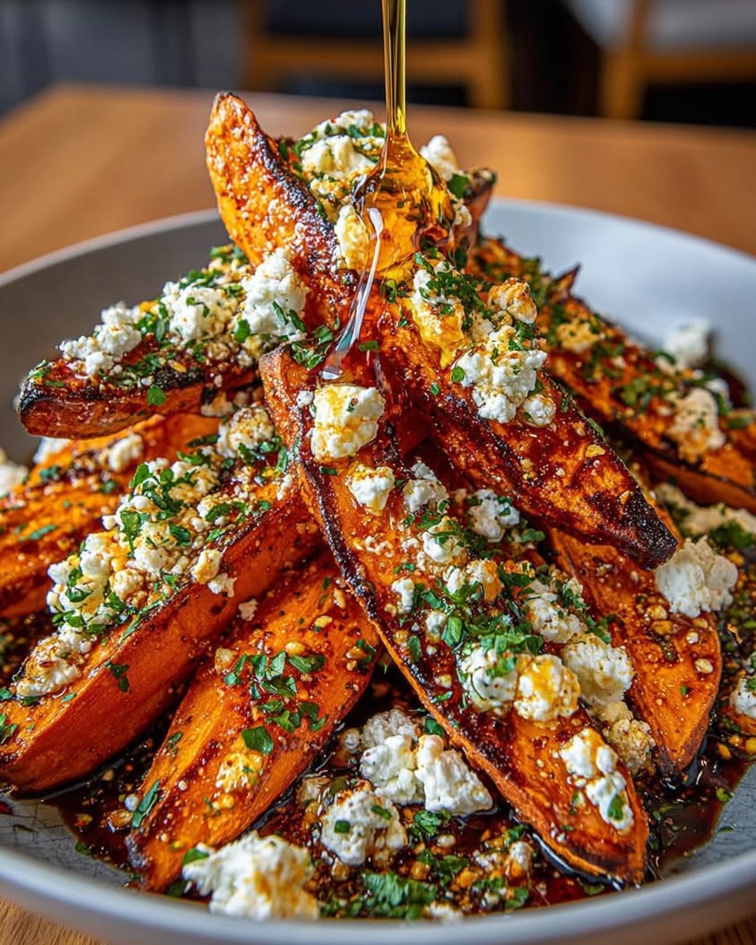 Crispy Roasted Sweet Potato Wedges with Feta and Hot Honey Drizzle Recipe 1 Crispy Roasted Sweet Potato Wedges with Feta and Hot Honey Drizzle