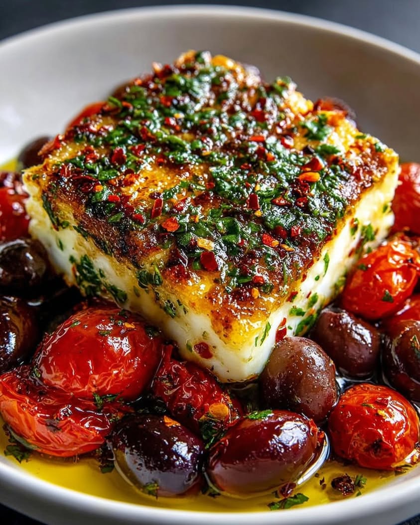 Crispy Sheet Pan Baked Feta with Tomatoes Olives Hot Honey