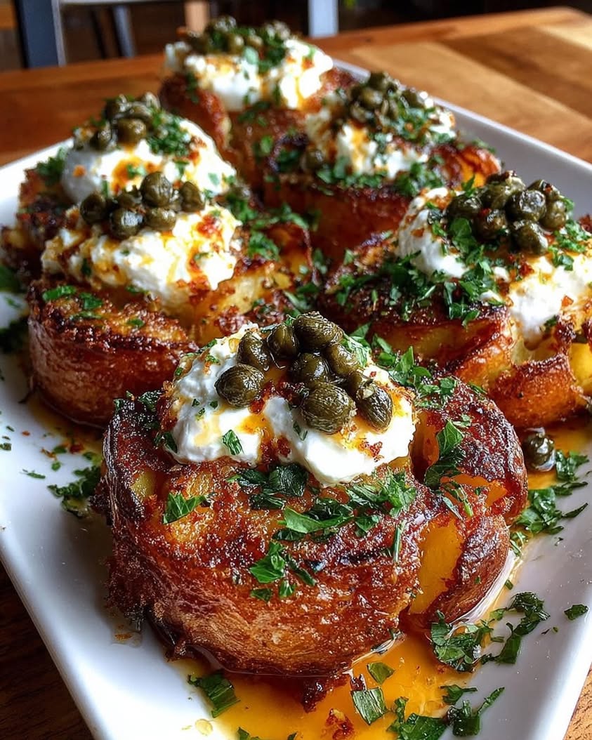 Crispy Smashed Potatoes with Roasted Garlic Yogurt Whipped Feta Crispy Capers Chili Honey