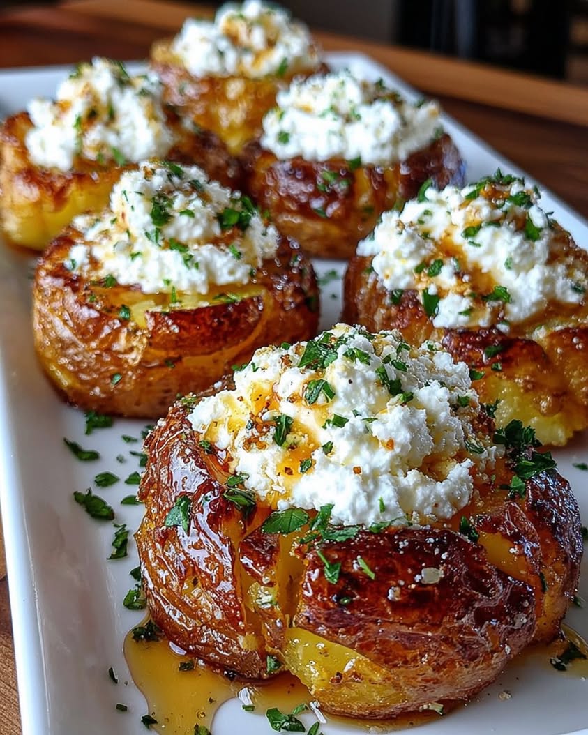 Crispy Smashed Potatoes with Whipped Feta and Hot Honey Drizzle 1