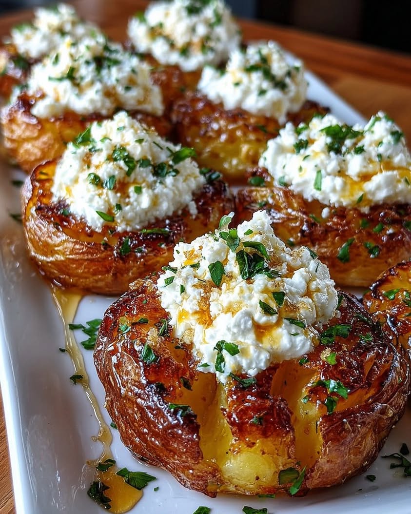 Crispy Smashed Potatoes with Whipped Feta and Hot Honey Drizzle 3