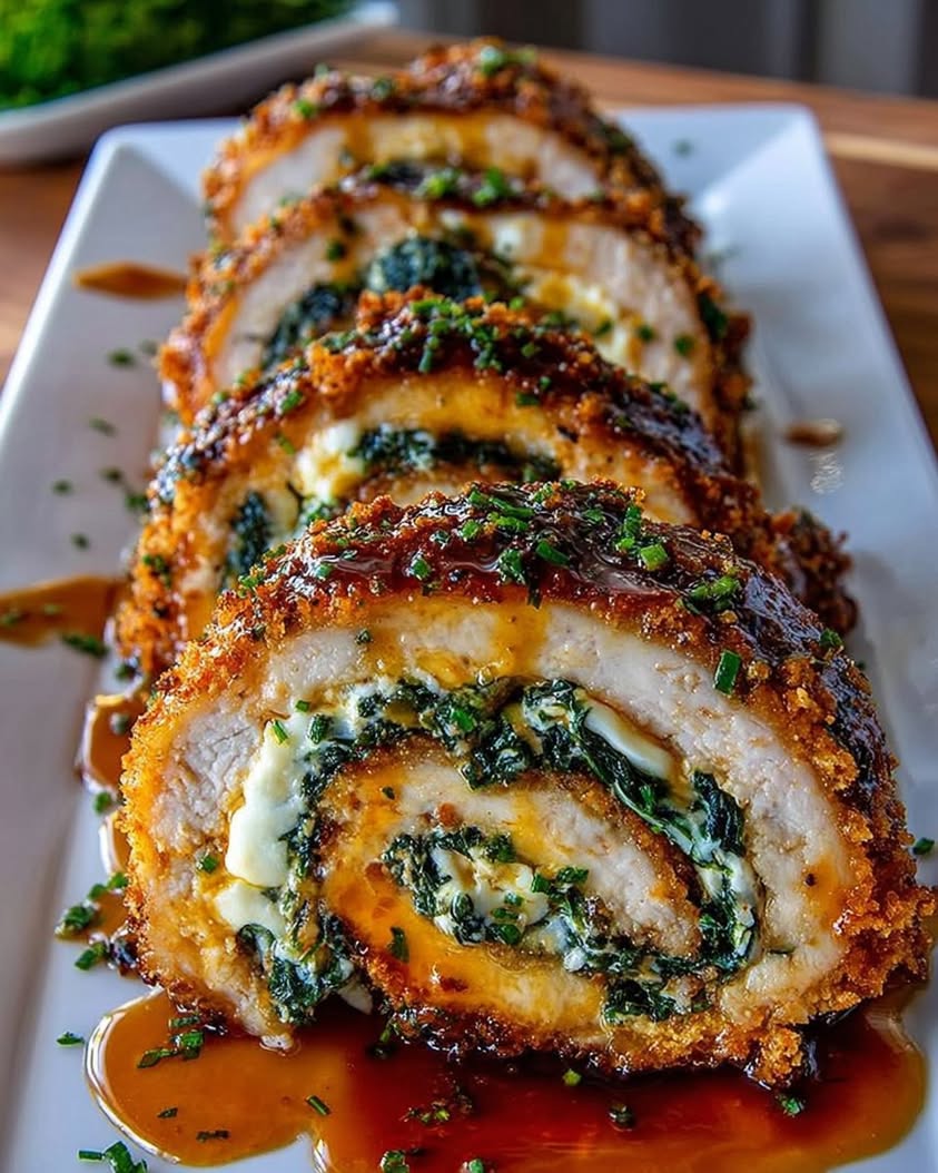 Crispy Stuffed Chicken Rolls with Spinach Whipped Feta Hot Honey Drizzle 2