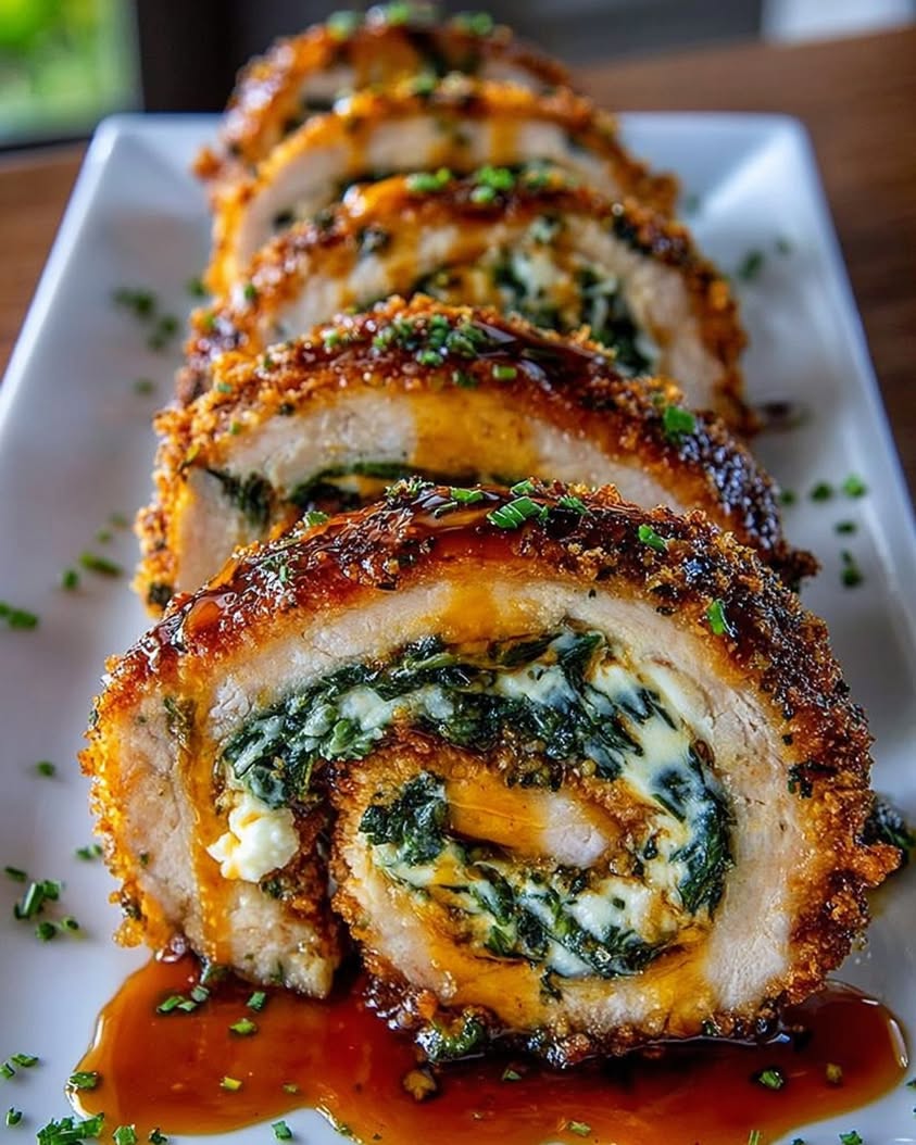 Crispy Stuffed Chicken Rolls with Spinach Whipped Feta Hot Honey Drizzle 3
