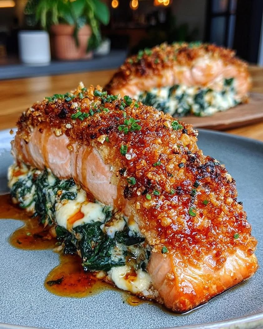 Crispy Stuffed Salmon with Spinach Whipped Feta Golden Hot Honey Crust 1