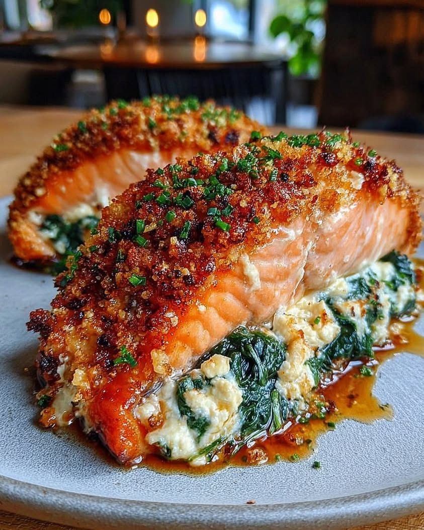 Crispy Stuffed Salmon with Spinach Whipped Feta Golden Hot Honey Crust