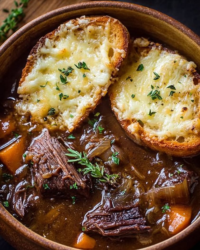 French Onion Short Rib Soup with Gruyère Toast: A No-Wine Comfort Bowl