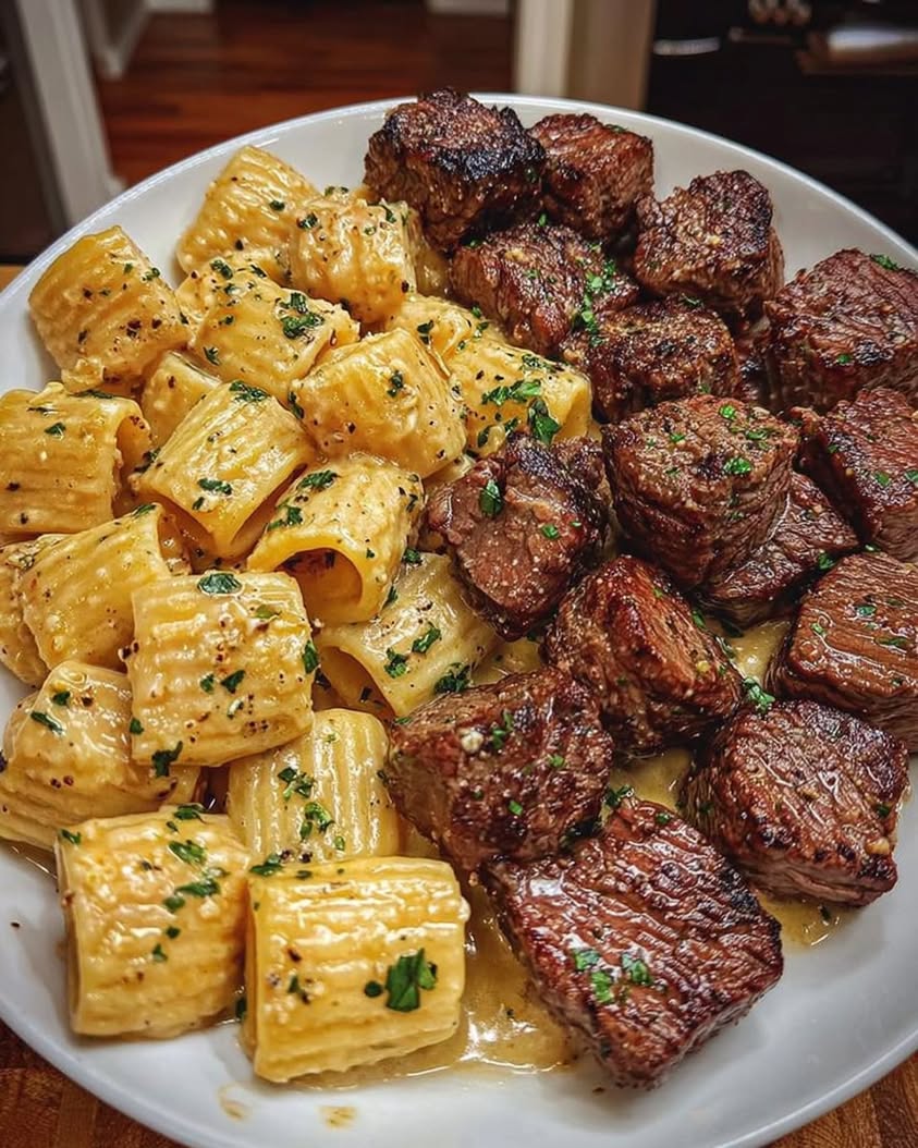 Garlic Butter Steak Bites Creamy Alfredo Rigatoni 1