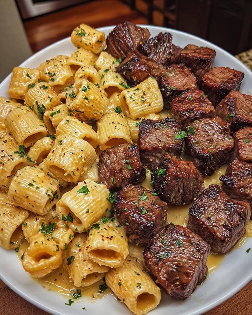 Garlic Butter Steak Bites Creamy Alfredo Rigatoni