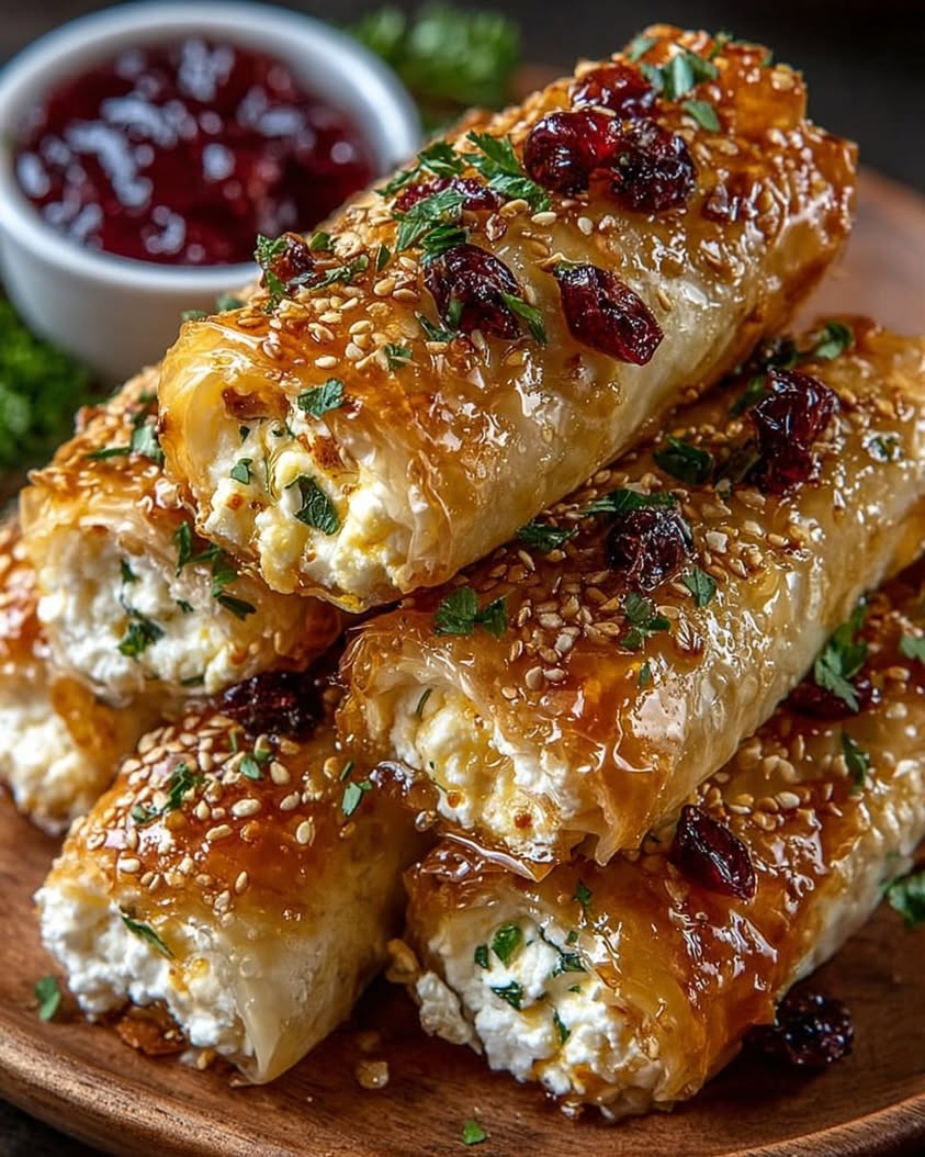 Golden Baked Feta Rolls with Sweet Cranberry Honey 1