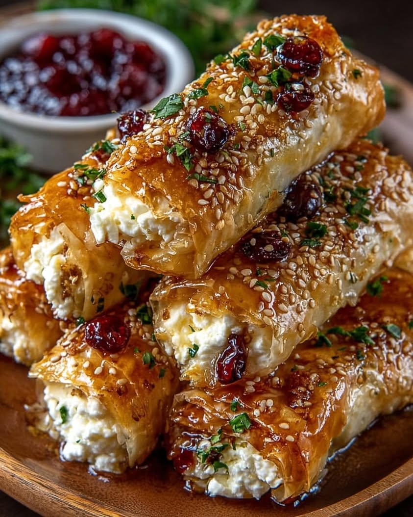 Golden Baked Feta Rolls with Sweet Cranberry Honey 2