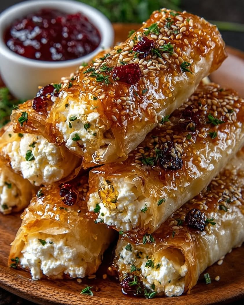 Golden Baked Feta Rolls with Sweet Cranberry Honey