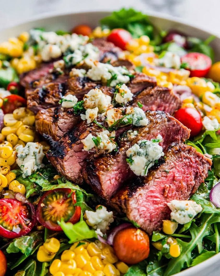 Grilled Balsamic Steak Salad with Gorgonzola Crumbles and Charred Sweet Corn