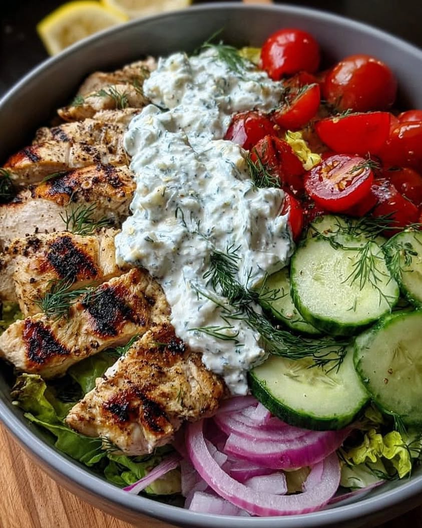 Grilled Chicken Tzatziki Salad Bowl Mediterranean Grilled Chicken Salad Bowl with Creamy Homemade Tzatziki
