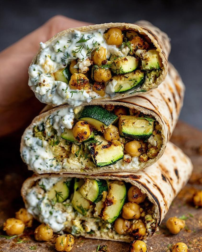 Grilled Zucchini Feta Chickpea Wrap with Herbed Yogurt