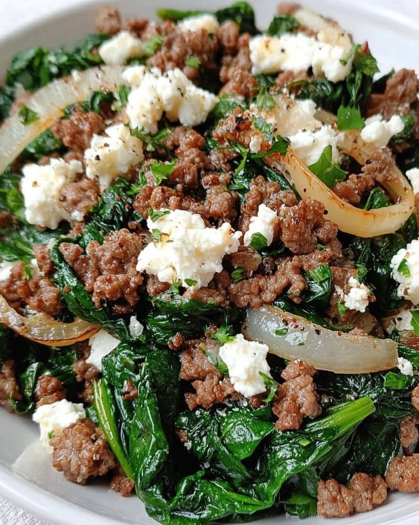 Ground Beef and Spinach Skillet with Feta