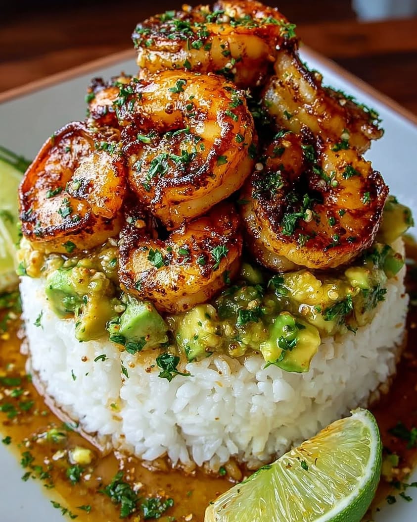 Honey Lime Shrimp Avocado Rice Stack