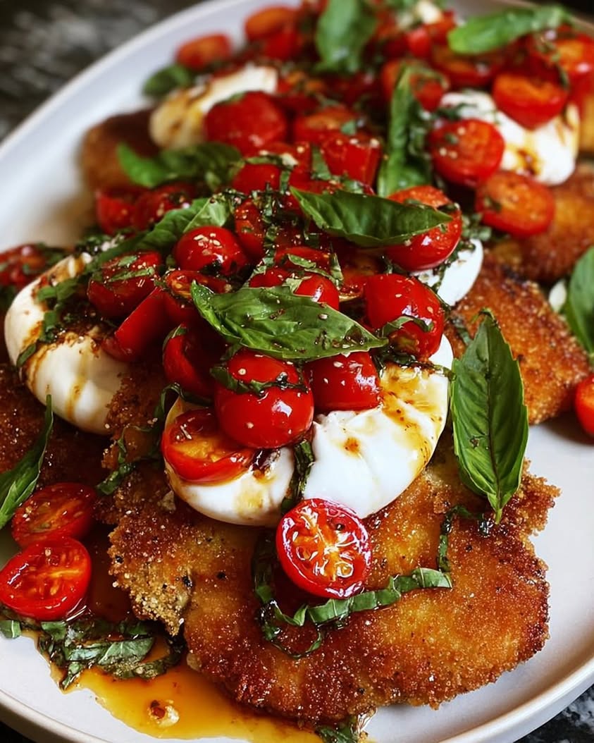 Italian Basil Chicken Cutlets with Tomato and Burrata Topping