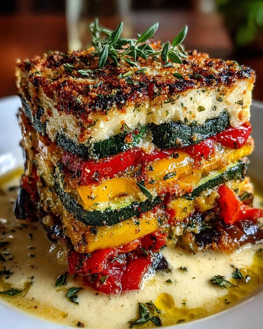 Layered Mediterranean Eggplant Zucchini Yellow Red Bell Pepper Lasagna with Creamy Garlic Herb Three Cheese Drizzle