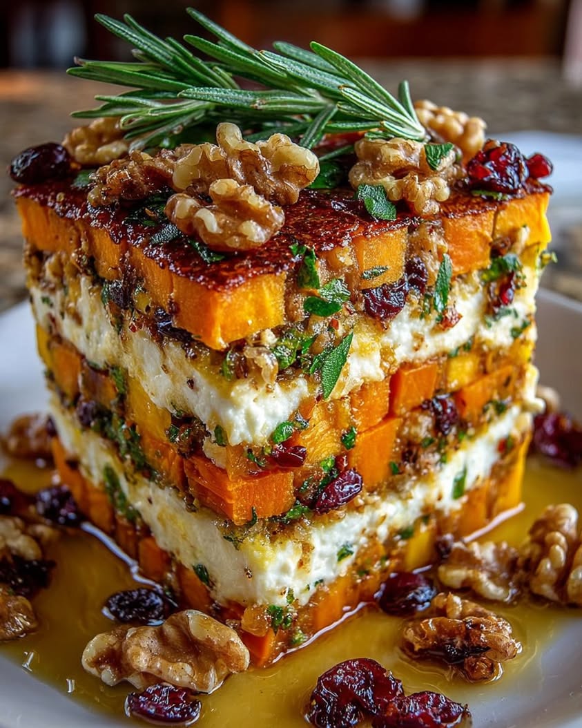 Layered Sweet Potato, Squash & Carrot Lasagna with Feta Glaze 7 Layered Sweet Potato Butternut Squash Carrot Lasagna with Feta Walnuts and Cranberry Honey Glaze