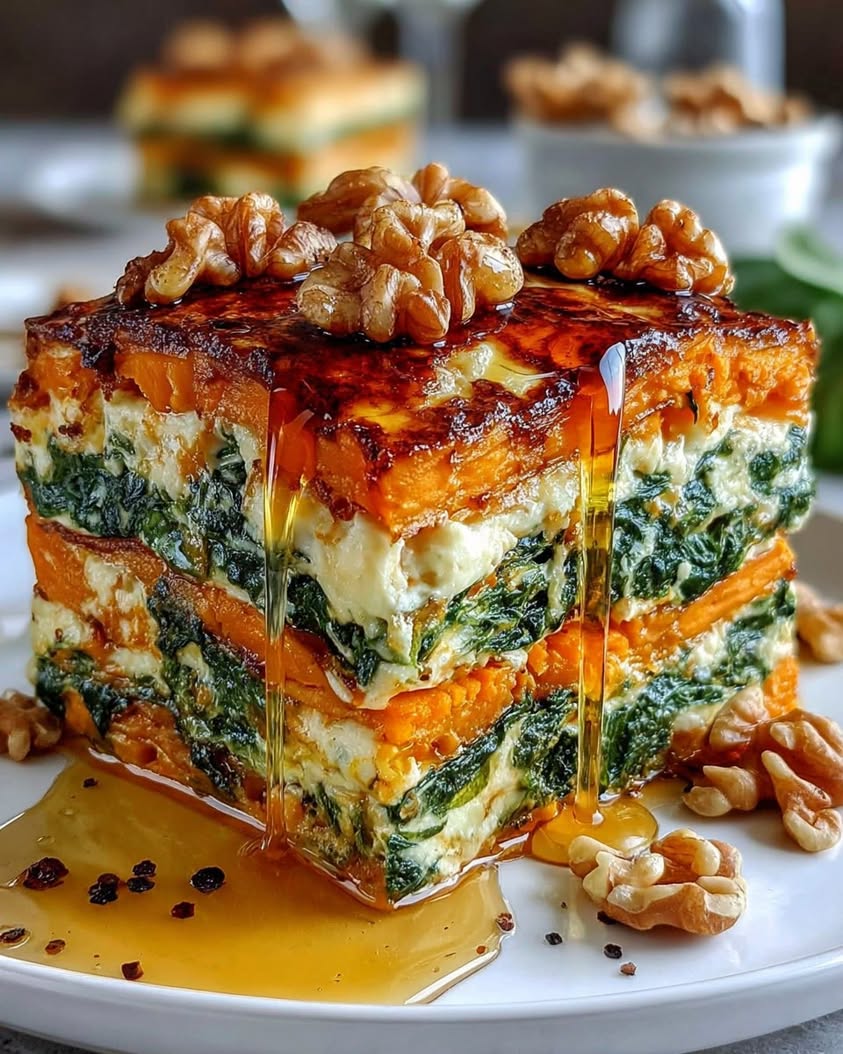 Layered Sweet Potato Spinach Goat Cheese Lasagna with Walnuts Maple Honey Sauce