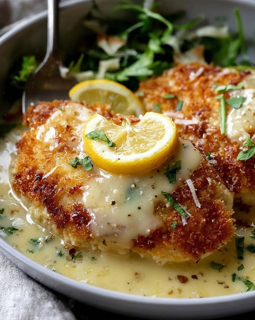 Lemon Pecorino Crusted Chicken with Creamy Lemon Sauce